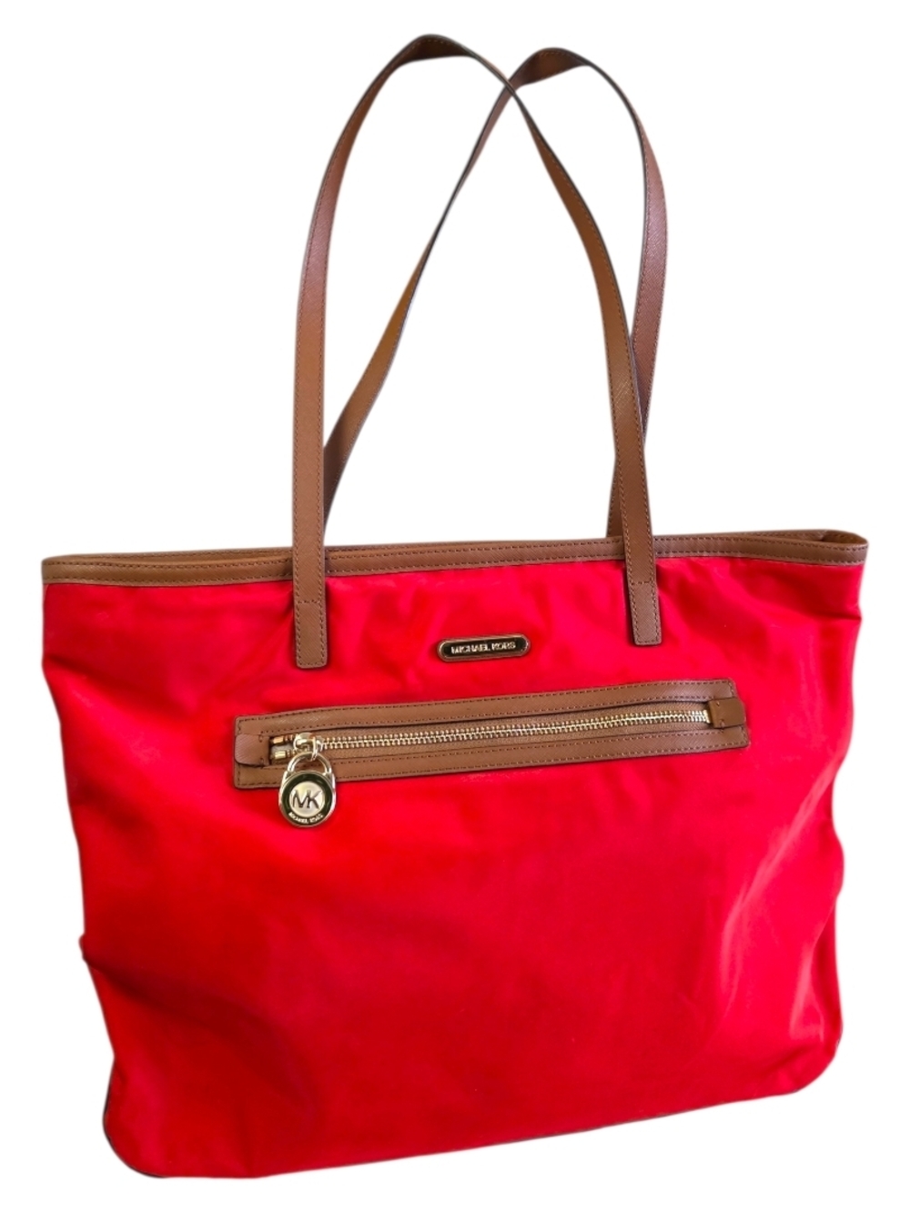 Michael Kors Tangerine Orange Nylon Tote with Brown Leather Trim